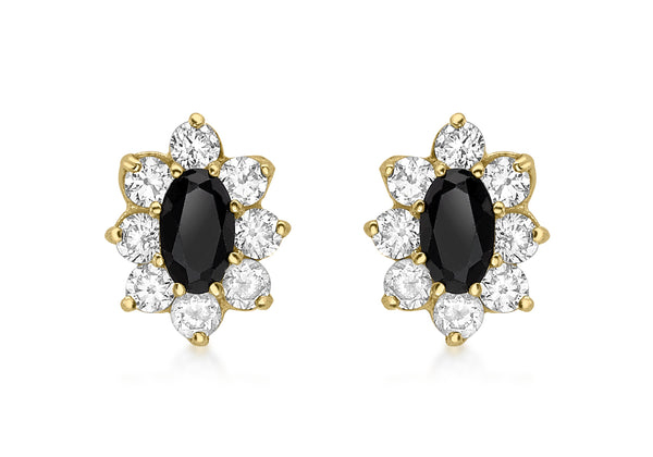9ct Yellow Gold Oval Black Sapphire and Zirconia Stud Earrings