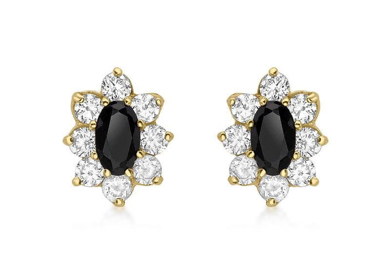 9ct Yellow Gold Oval Black Sapphire and Zirconia Stud Earrings