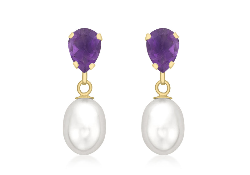 9ct Yellow Gold Amethyst and Pearl Teardrop Earrings