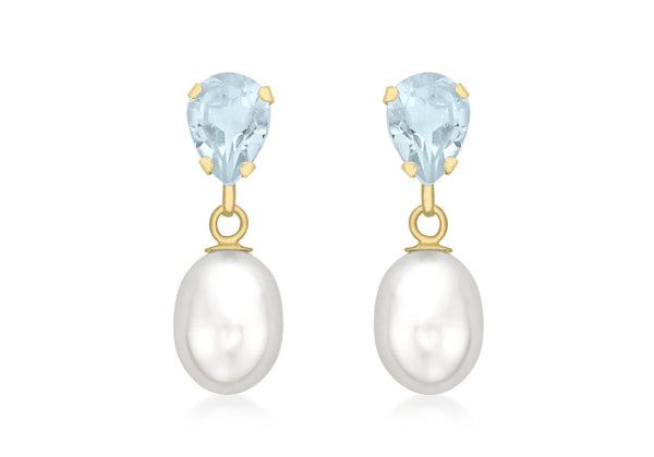 9ct Yellow Gold Blue Topaz and Pearl Teardrop Earrings