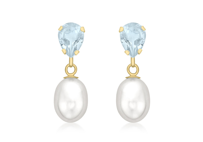 9ct Yellow Gold Blue Topaz and Pearl Teardrop Earrings