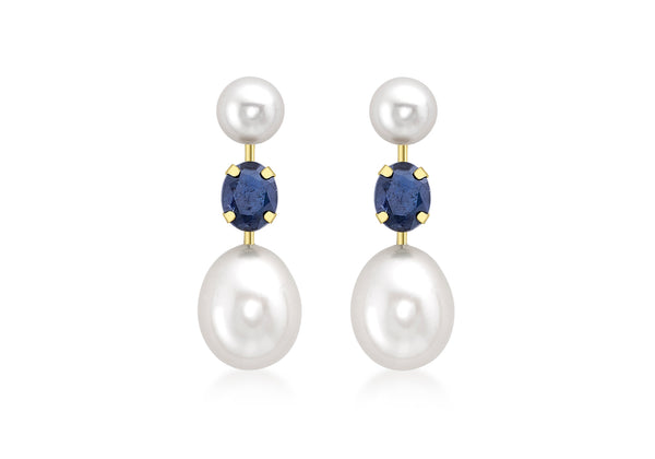 9ct Yellow Gold Sapphire and Double Pearl Stem Drop Earrings
