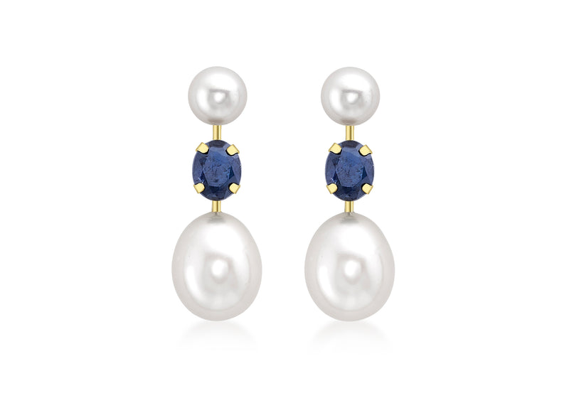 9ct Yellow Gold Sapphire and Double Pearl Stem Drop Earrings