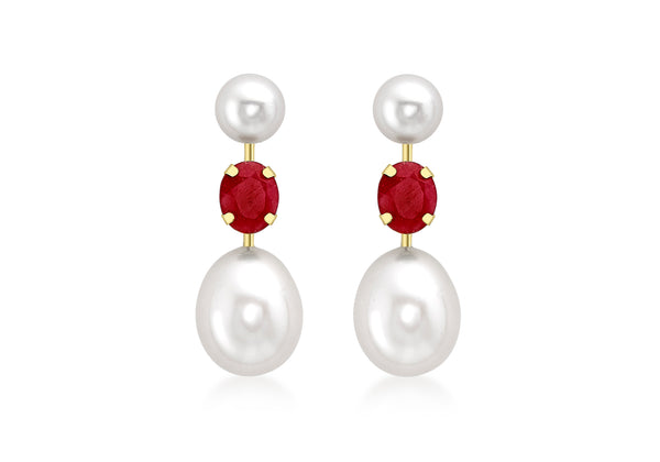9ct Yellow Gold Ruby and Fresh Water Pearls Stem Drop Earrings