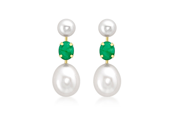 9ct Yellow Gold Emerald and Double Pearl Stem Drop Earrings