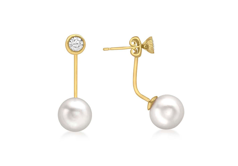 9ct Yellow Gold Round Zirconia  and Pearl Jack Earrings