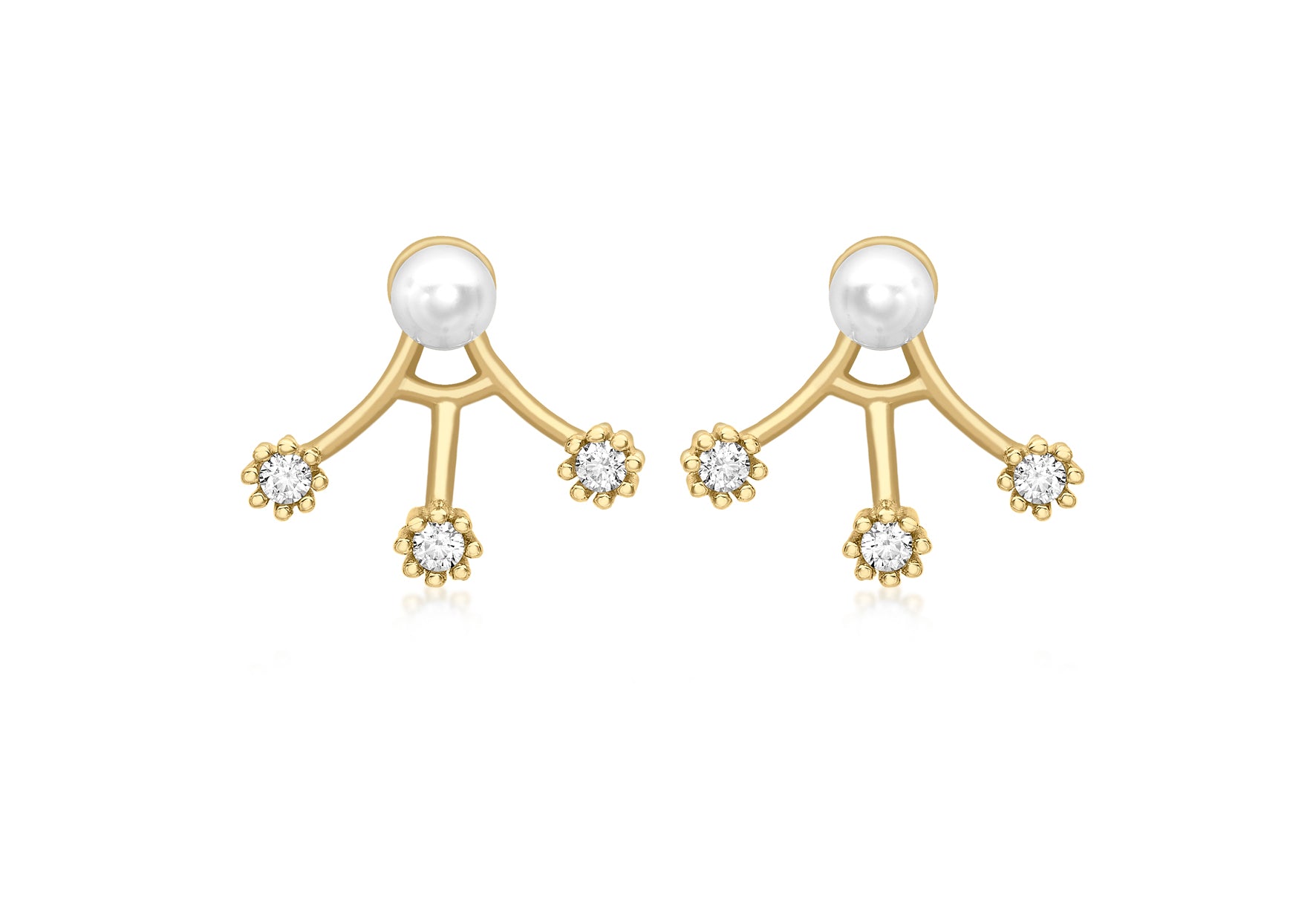 9ct Yellow Gold Zirconia  and Pearl Fan Jack Earrings