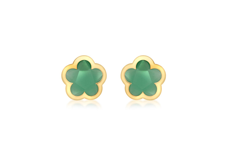 9ct Yellow Gold Green Crystal 12mm x 12mm Flower Stud Earrings