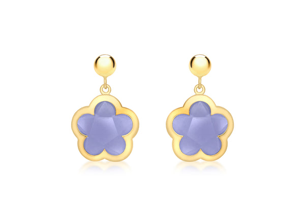 9ct Yellow Gold Blue Crystal Flower and Ball Drop Earrings