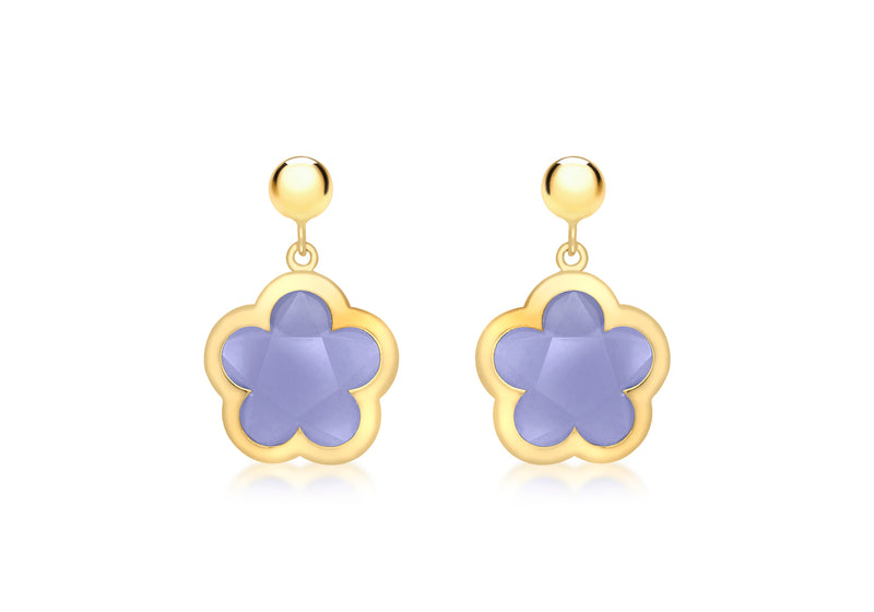9ct Yellow Gold Blue Crystal Flower and Ball Drop Earrings
