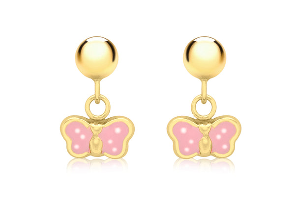 9ct Yellow Gold Pink Enamel Butterfly Ball Drop Earrings