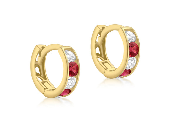 9ct Yellow Gold White & Red Zirconia Huggy Earrings