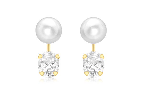 9ct Yellow Gold Fresh Water Pearl and Zirconia  Drop Stud Earrings