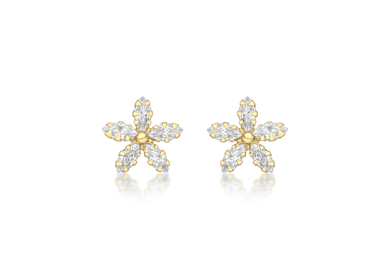 9ct Yellow Gold Marquise Zirconia  10.5mm x 10.5mm Flower Stud Earrings