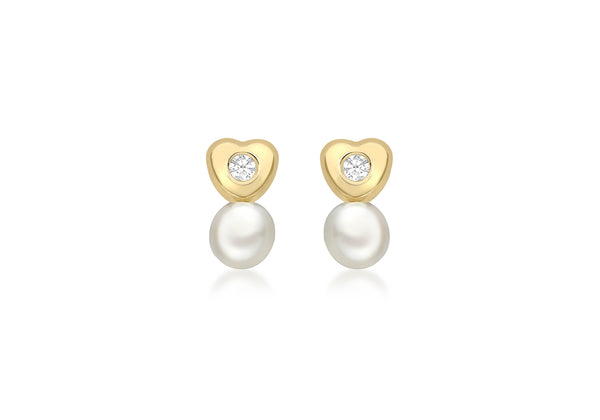 9ct Yellow Gold Zirconia  and Pearl Heart Stud Earrings