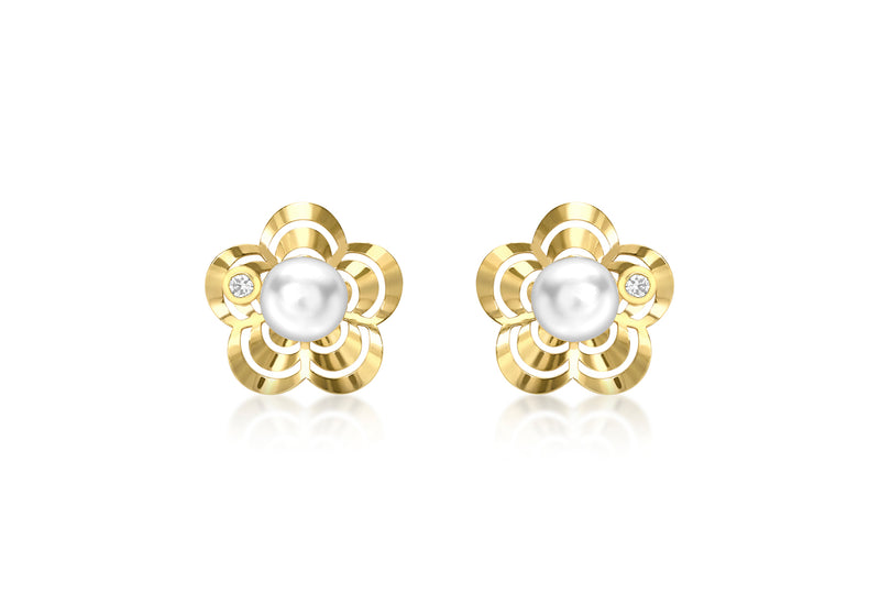 9ct Yellow Gold Cultured Pearl and Zirconia  Flower 10.15mm Stud Earrings