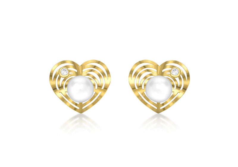 9ct Yellow Gold Cultured Pearl and Zirconia  Heart Stud Earrings