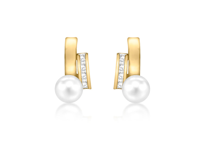9ct Yellow Gold Zirconia  Band Fresh Water Pearl and Plain Band 3.9mm x 10.4mm Stud Earrings