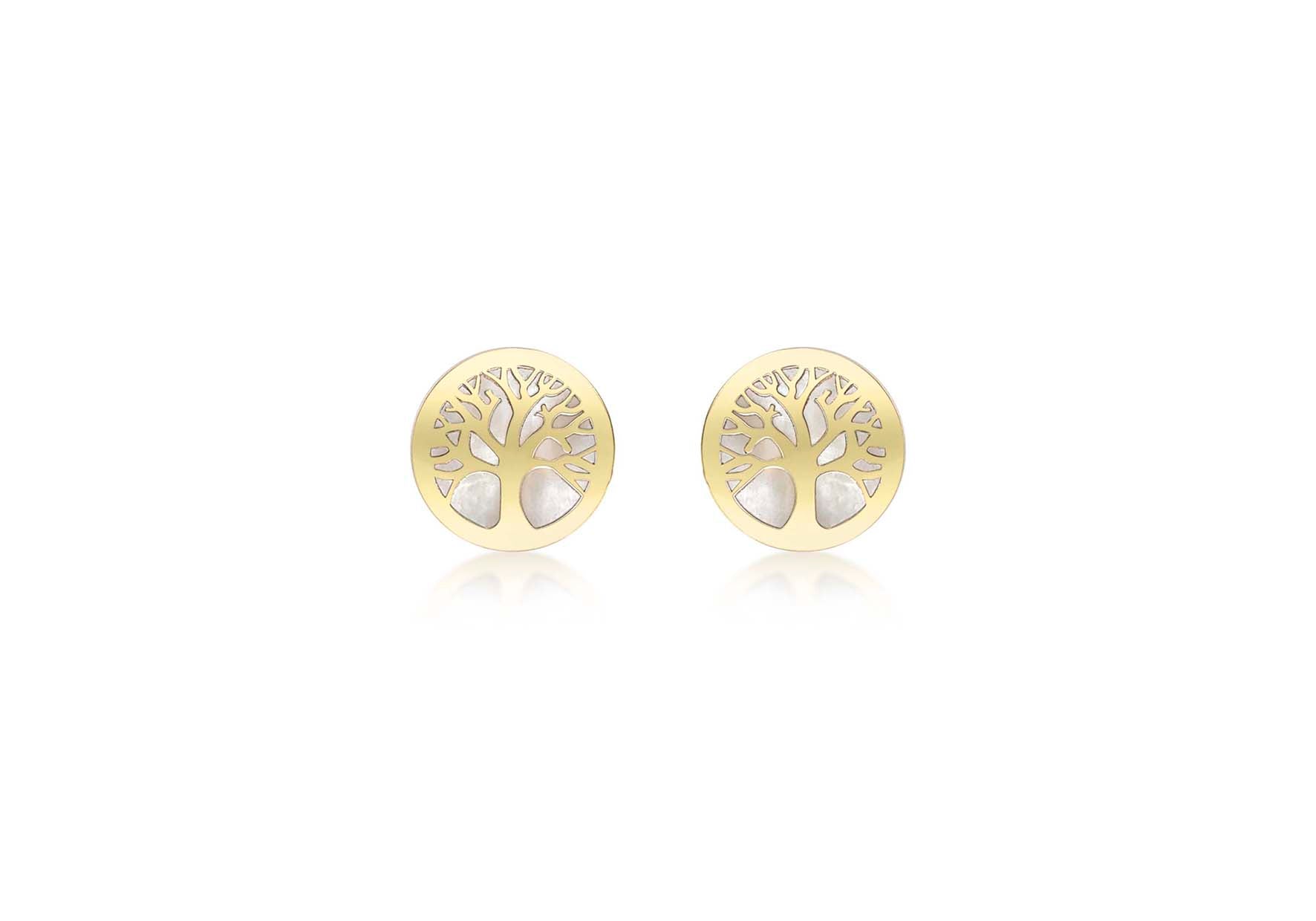 9ct Yellow Gold Mother of Pearl 8mm 'Tree of Life' Stud Earrings