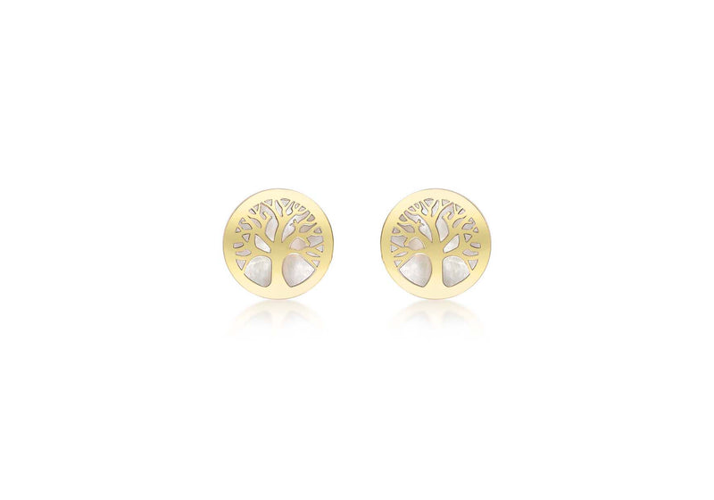 9ct Yellow Gold Mother of Pearl 8mm 'Tree of Life' Stud Earrings