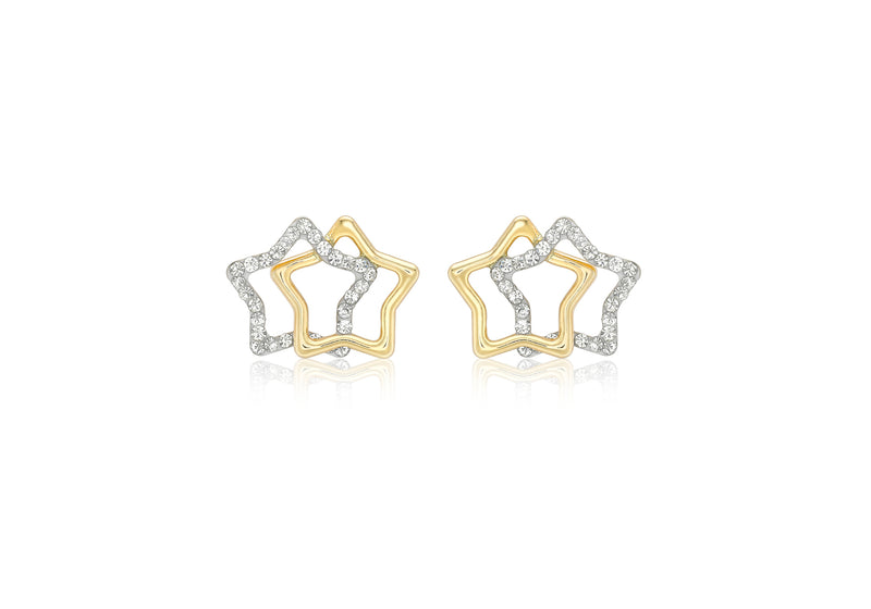 9ct Yellow Gold Crystal 13.4mm x 10mm Double Star Stud Earrings