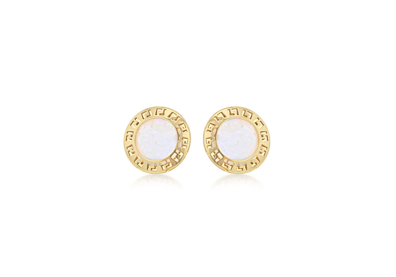 9ct Yellow Gold Mother of Pearl 9mm Greian Key Disc Stud Earrings