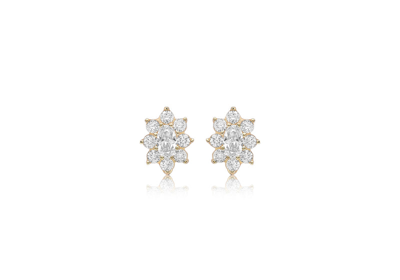9ct Yellow Gold Zirconia  8mm x 10mm Flower Cluster Stud Earrings