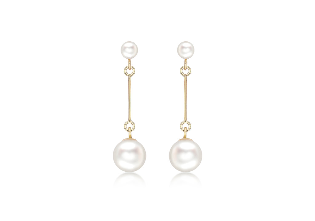 9ct Yellow Gold Pearl & Bar Drop Earrings