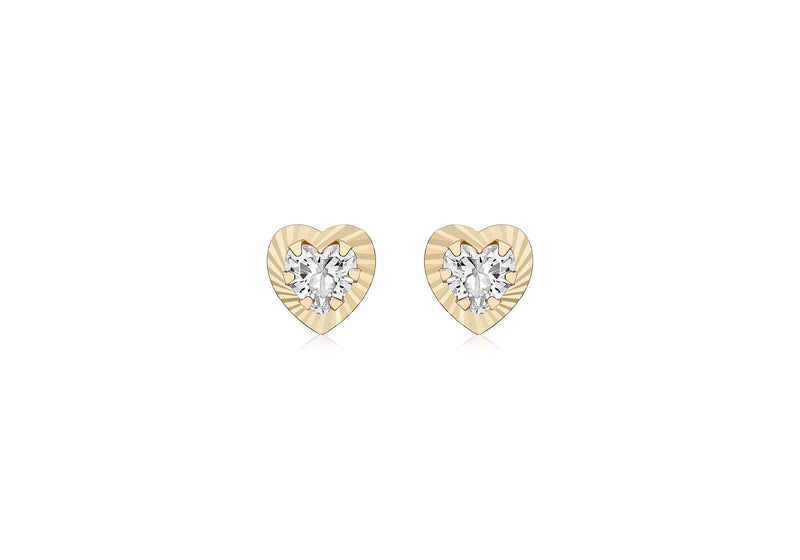 9ct Yellow Gold Zirconia  7.5mm x 7.6mm Diamond Cut Heart Stud Earrings
