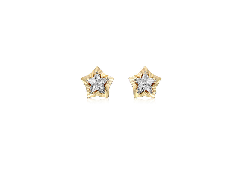 9ct Yellow Gold Zirconia  7.4mm x 7.1mm Diamond Cut Star Stud Earrings