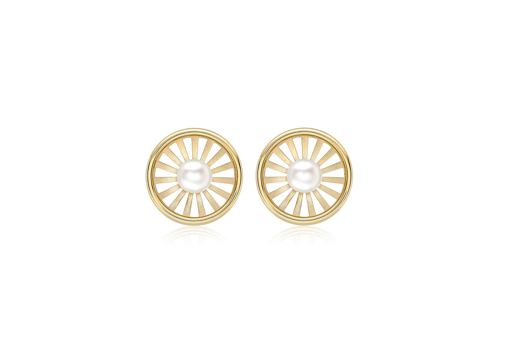 9ct Yellow Gold Pearl 12.5mm Polished and Satin Sunrays Stud Earrings