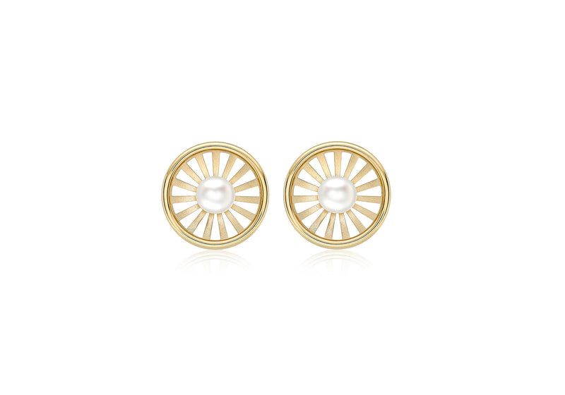 9ct Yellow Gold Pearl 12.5mm Polished and Satin Sunrays Stud Earrings