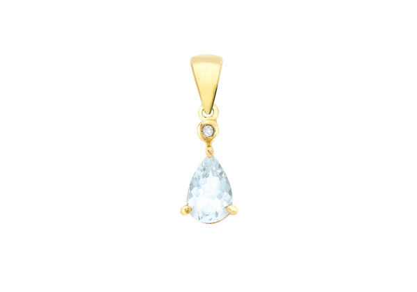 9ct Yellow Gold 0.005t Diamond and Aquamarine Pear Drop Pendant