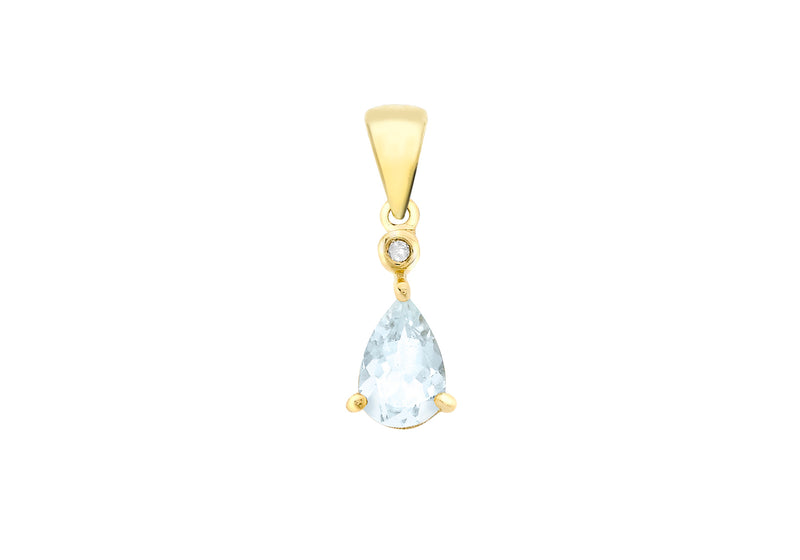 9ct Yellow Gold 0.005t Diamond and Aquamarine Pear Drop Pendant