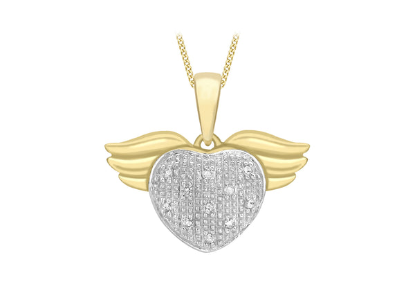 9ct Yellow Gold 0.07t Diamond Heart Angel Wings Pendant