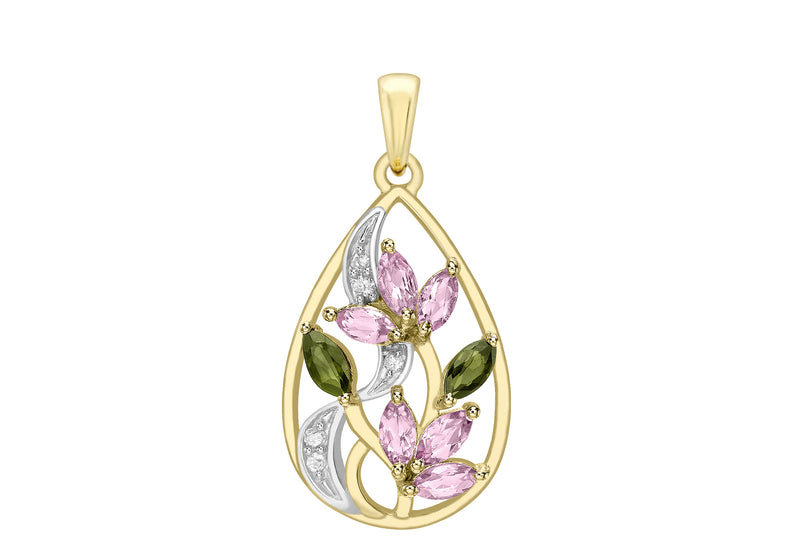 9ct Yellow Gold 0.03ct Diamond & Tourmaline Lotus Pendant
