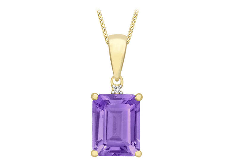 9ct Yellow Gold 0.005t Diamond and Amethyst 7mm x 17mm Pendant