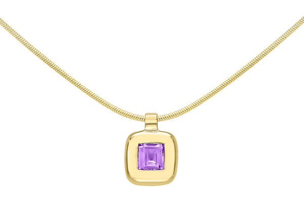 9ct Yellow Gold Square Amethyst Pendant on Snake Chain Necklace