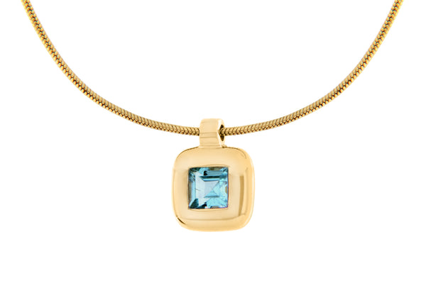 9ct Yellow Gold Square Blue Topaz Pendant on Snake Chain Necklace  41m/16"9