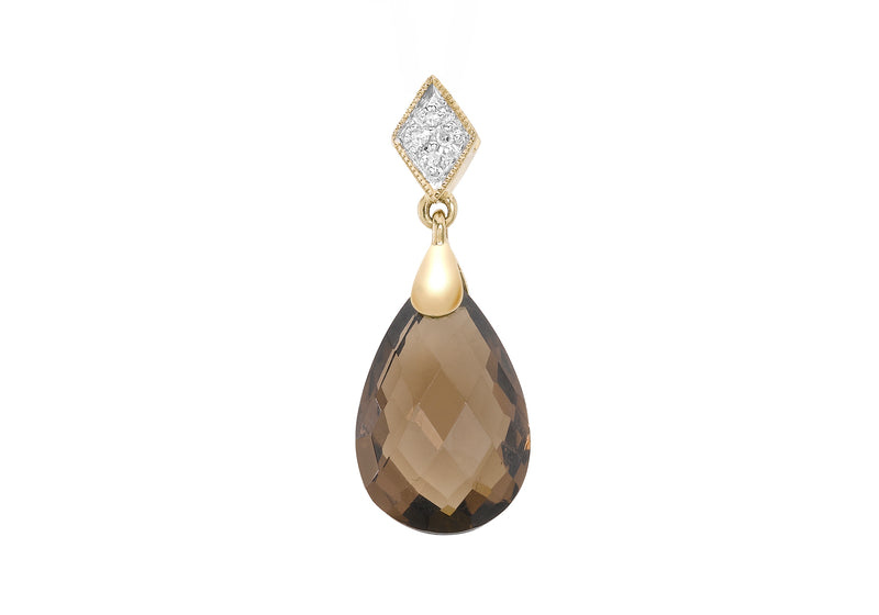 9ct Yellow Gold 0.02ct Diamond and Smokey Quartz Teardrop Pendant