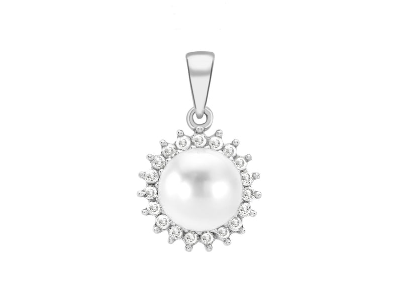 9ct White Gold 0.15t Diamond and Pearl Surround Pendant