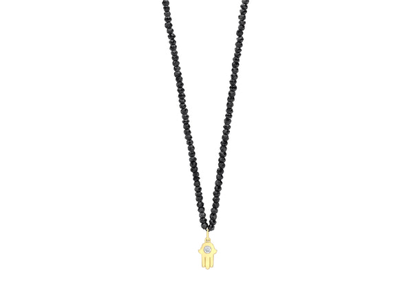 9ct Yellow Gold 0.01t Diamond Set Hamsa Hand Pendant on Black Spinel Necklace  44m/17.5"9