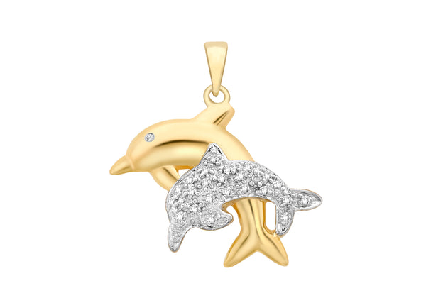 9ct 2-Colour Gold 0.10ct Diamond Double Dolphin Pendant
