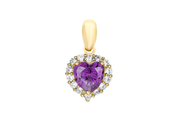 9ct Yellow Gold Purple and White Zirconia  Heart Cluster Pendant