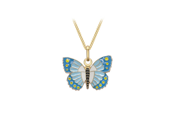 9ct Yellow Gold Blue White and Yellow Enamel Butterfly Pendant