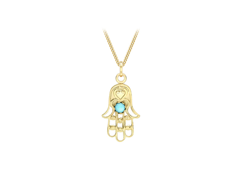 9ct Yellow Gold Turquoise 12.6mm x 26.5mm Hamsa Hand Pendant