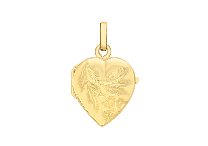 9ct Yellow Gold 16mm x 25mm Engraved Flower Heart Locket