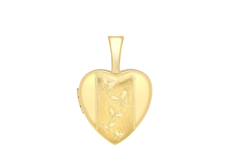 9ct Yellow Gold Small Etched Butterfly Detail Heart Locket