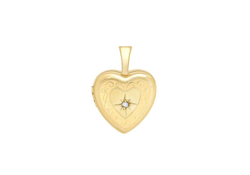 9ct Yellow Gold Small Diamond Set 12mm x 18mm Etched  Heart Locket