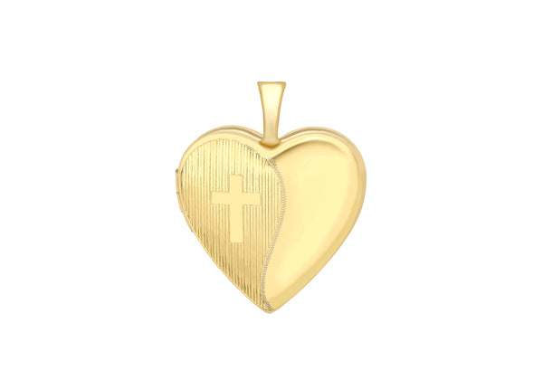 9ct Yellow Gold Etched  Cross Detail Heart Locket